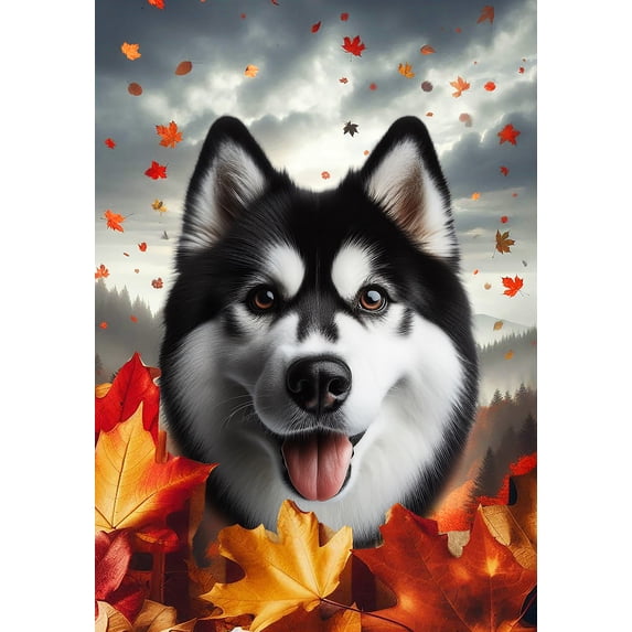 Siberian Husky Black/White - Best of Breed Fall Leaves Outdoor Garden Flag 12" x 17" Mailbox Flag Dog Flag