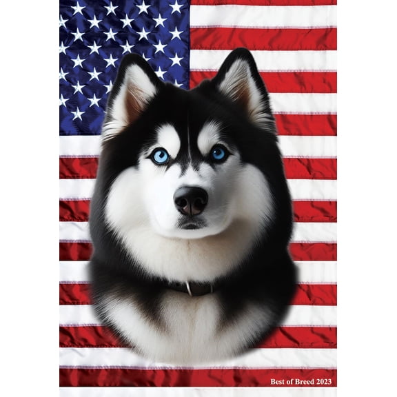 Siberian Husky Black/White Blue Eyes -  Patriotic Patriotic III House Flag