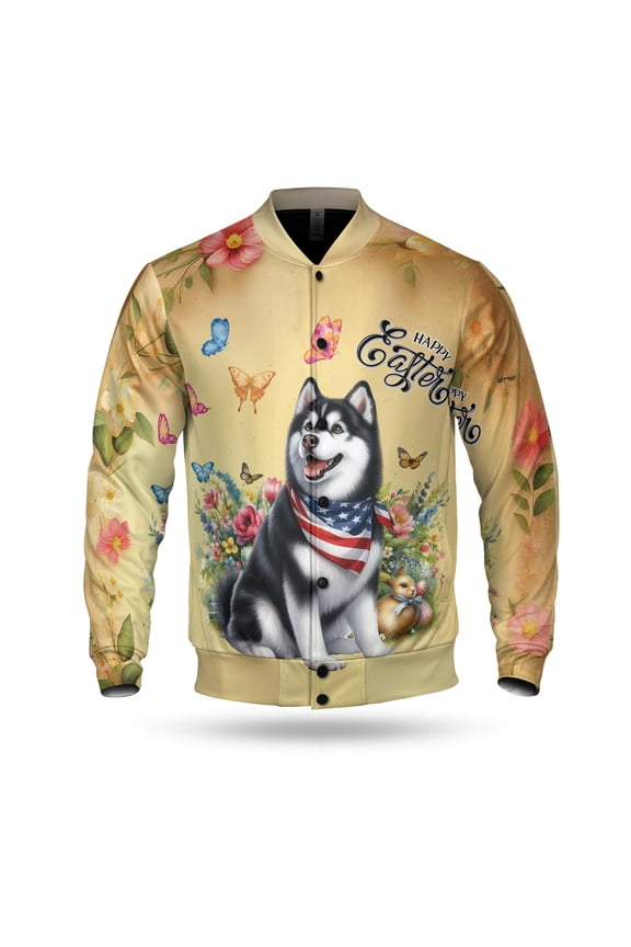 Siberian Husky Celebrates Spring and Enjoys a Happy Easter All Over Print 3D Baseball Jacket Husky Dog Lover Gifts Bomber Jacket Softball - 02001