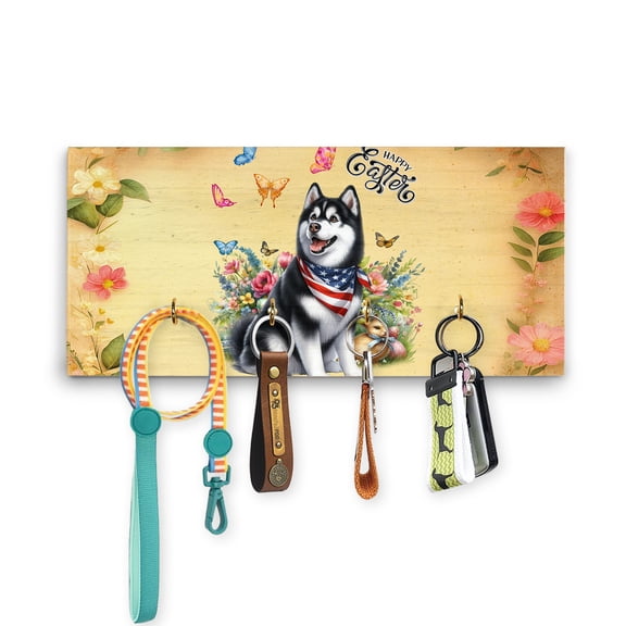 Siberian Husky Celebrates Spring and Enjoys a Happy Easter Wood Key Holder Husky Dog Lover Gifts Wall-mounted Key Rack Home Decor - 02001