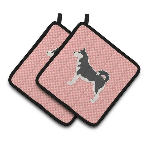 Siberian Husky Checkerboard Pink Pair of Pot Holders