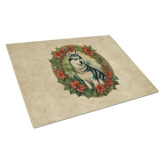 Siberian Husky Christmas Flowers Glass Cutting Board 12 in x 15 in