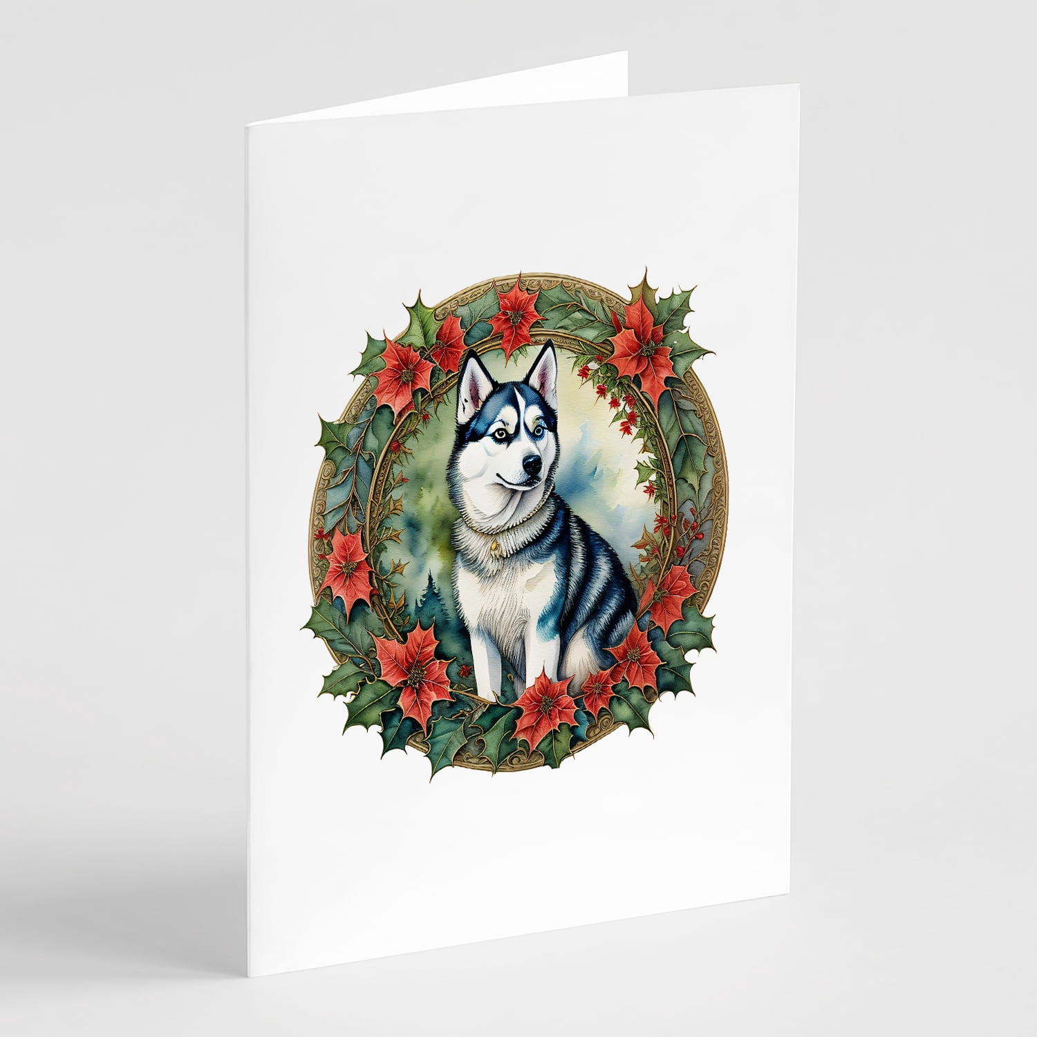 Siberian Husky Christmas Flowers Greeting Cards Pack of 8 7 in x 5 in