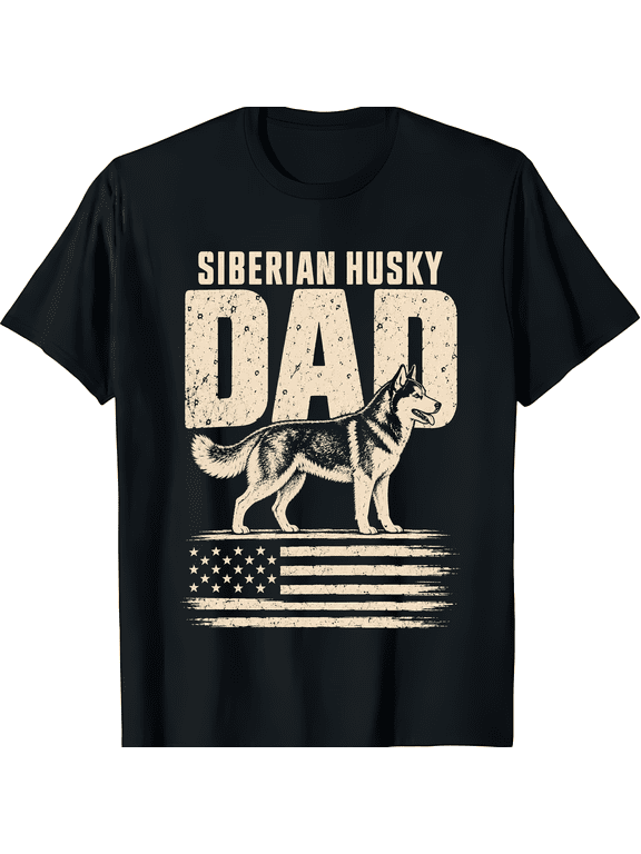 Siberian Husky Dad Dog American Flag Vintage Graphic Short Sleeve Crewneck Cotton Unisex T Shirt