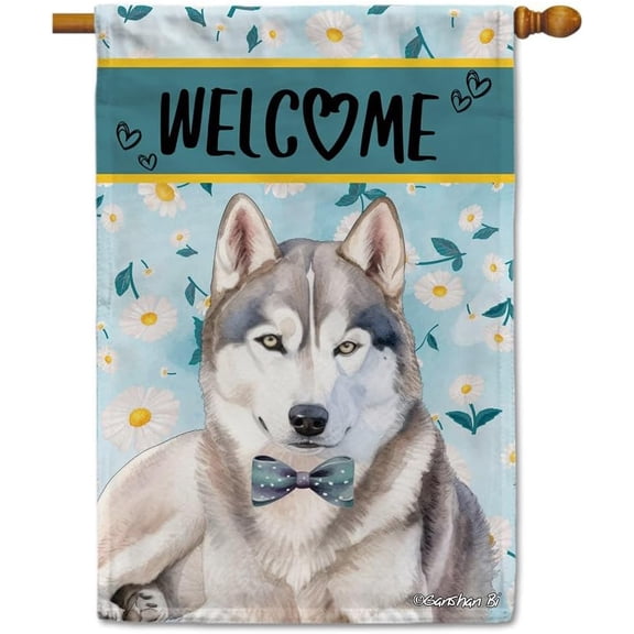 Siberian Husky Daisy Flowers Welcome House Flag Watercolor Dog Spring Summer Decor Yard Flag Outdoor Banner 28x40 Inch Double Side
