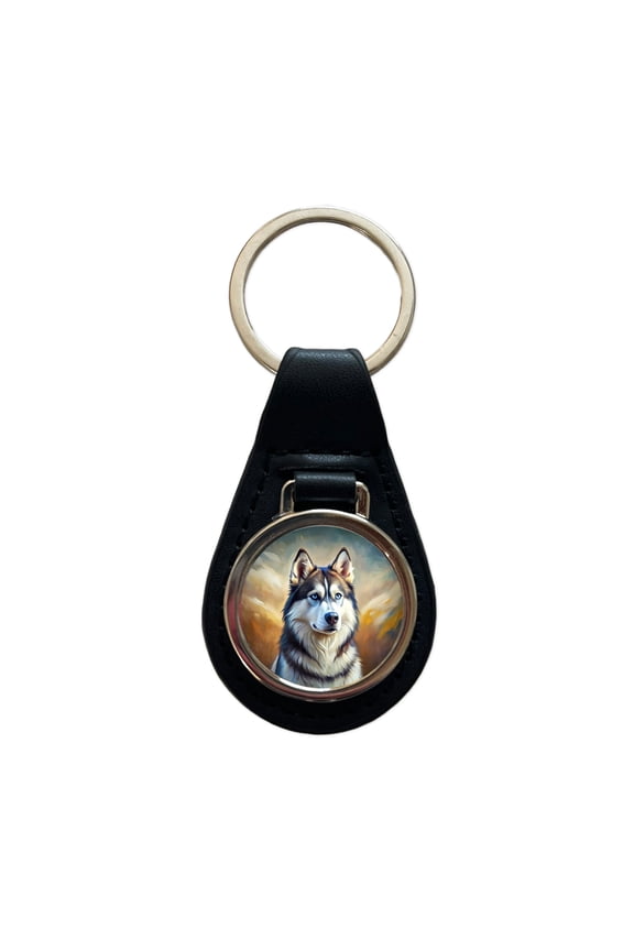 Siberian Husky Dog Expressionism Art Metal Black Leather Keychain