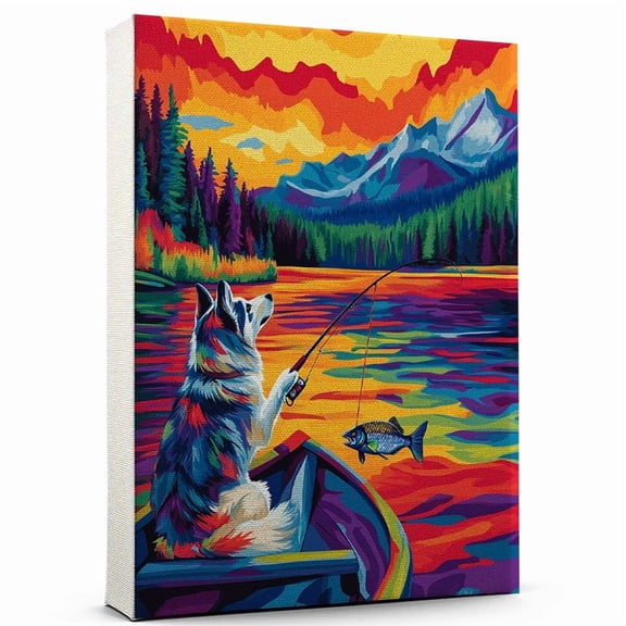 Siberian Husky Dog Fishing Art Stretched Canvas Size 8x12 – Siberian Husky Dog Playing Fishing Wall Art, Dog Lover Canvas, Sports Theme Decor for Living Room