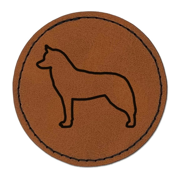 Siberian Husky Dog Outline 2.5" Faux Leather Round Engraved Iron-On Patch - Brown