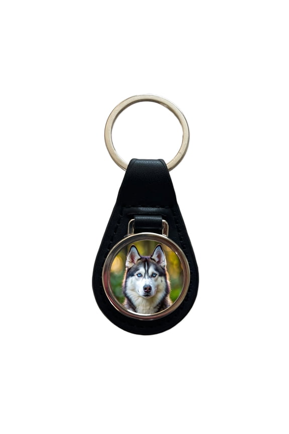 Siberian Husky Dog Photo Metal Black Leather Keychain