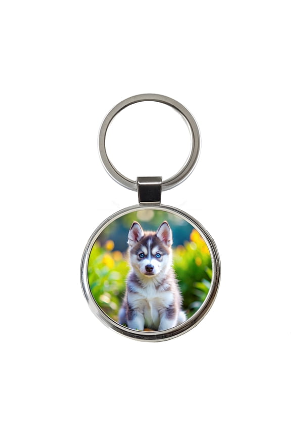 Siberian Husky Dog Puppy Photo Metal Round Keychain