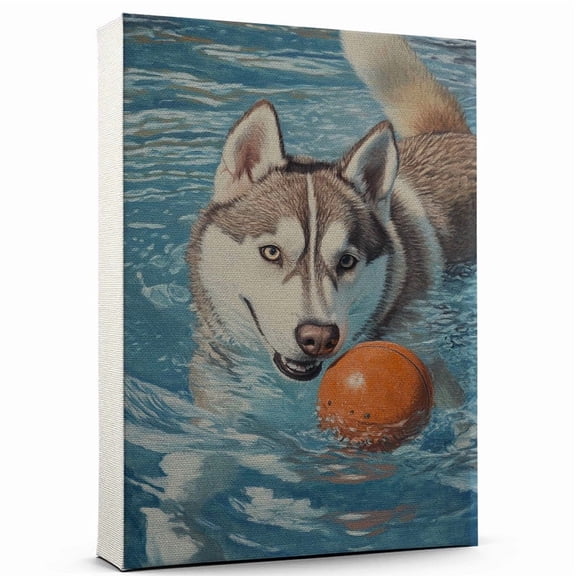 Siberian Husky Dog Stretched Canvas Size 8x12 – Swimming Theme Dog Art for Wall, Siberian Husky Dog Playing Swimming Wall Art, Dog Lover Canvas Decor