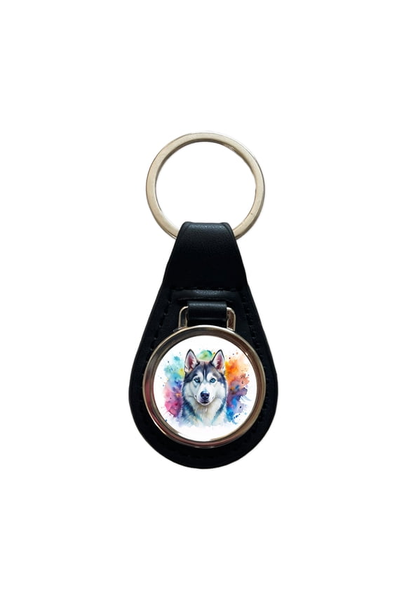 Siberian Husky Dog Watercolor Style Metal Black Leather Keychain