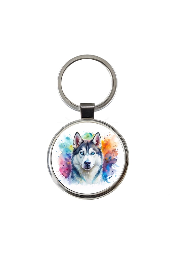 Siberian Husky Dog Watercolor Style Metal Round Keychain