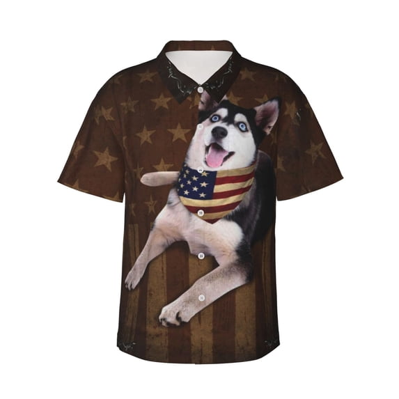 Siberian Husky Dog With Vintage American Flag Men's 3d Print Casual Button Down Shirts, Novelty Hawaiian Short Sleeves M