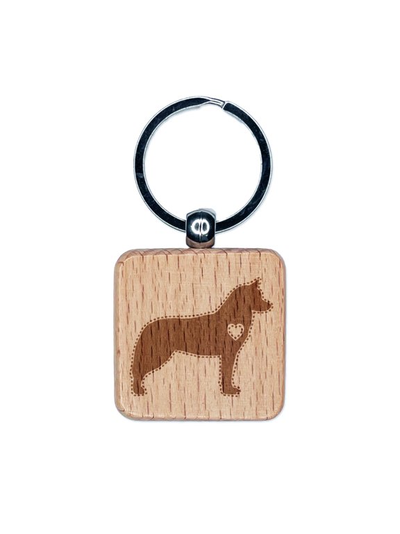 Siberian Husky Dog with Heart Square Keychain Charm Tag - Engraved Wood