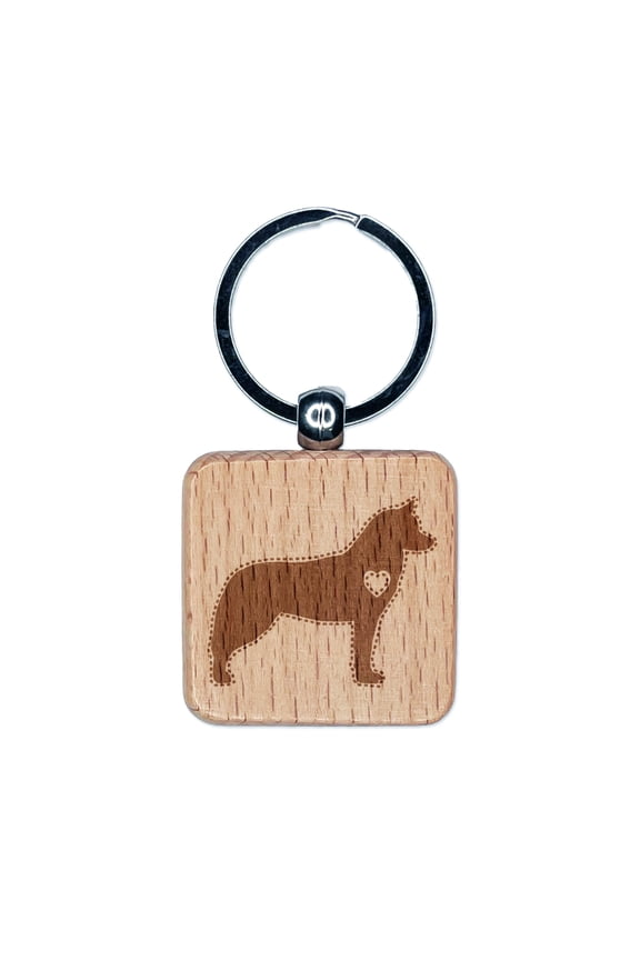 Siberian Husky Dog with Heart Square Keychain Charm Tag - Engraved Wood