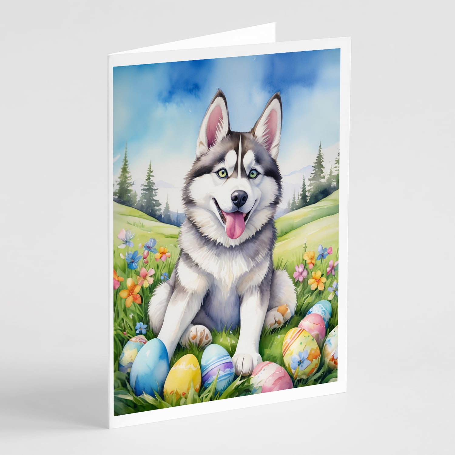 Siberian Husky Easter Egg Hunt Greeting Cards Pack of 8 7 in x 5 in