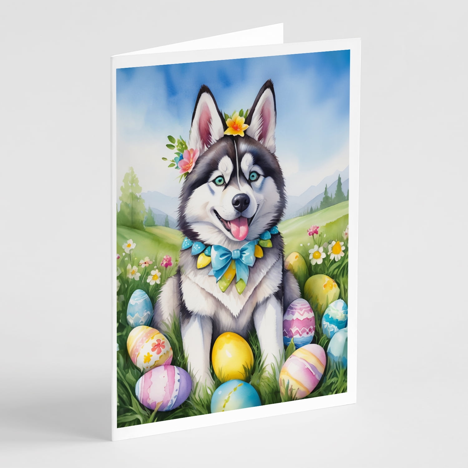 Siberian Husky Easter Egg Hunt Greeting Cards Pack of 8 7 in x 5 in