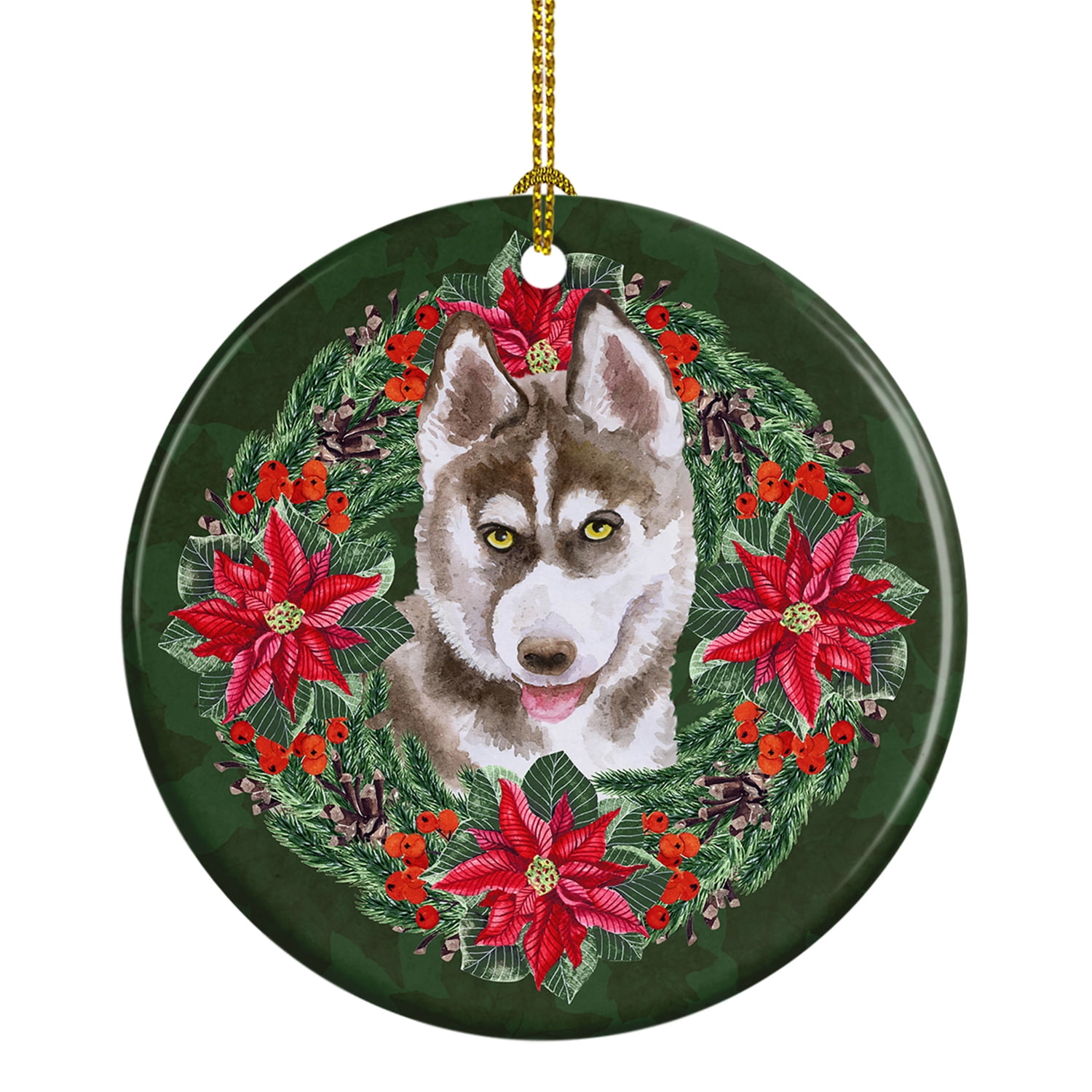 Siberian Husky Grey Poinsetta Wreath Ceramic Ornament 2.8 in x 2.8 in