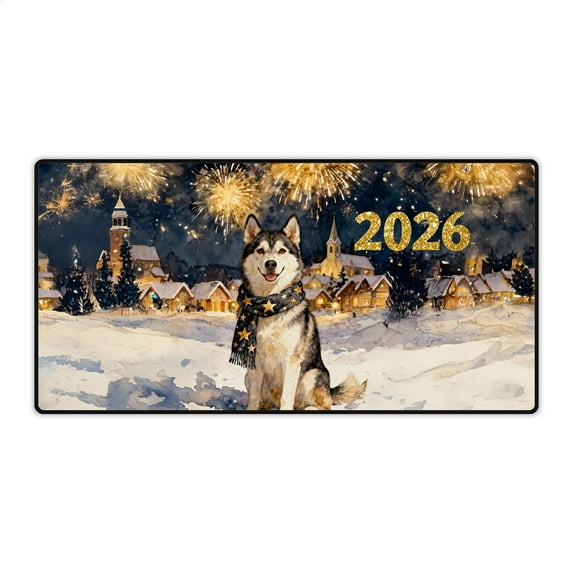 Siberian Husky Happy New Year 2026 with Fireworks on New Year's Eve Desk Mat Full Keyboard Mouse Pad Husky Dog Lover Gifts Large Mousepad - 12022