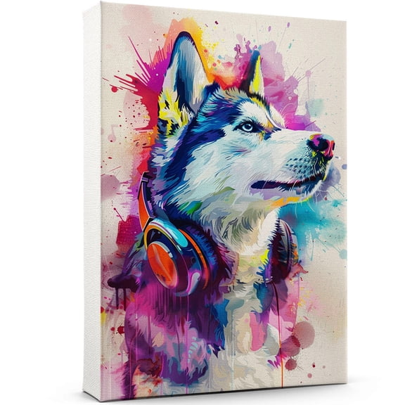 Siberian Husky Headphone Wall Art Dog Wall Poster, Siberian Husky Canvas Art Wall Art, Dog Wallpaper for Teen Boys Bedroom Living Bathroom