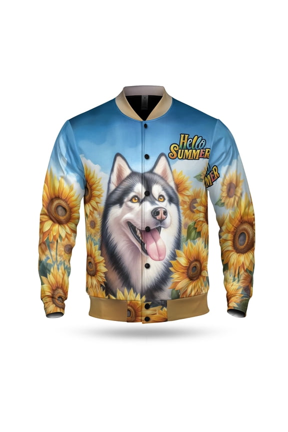 Siberian Husky Hello Summer Sunshine Sunflowers Spring Retro Vintage All Over Print 3D Baseball Jacket Husky Dog Lover Gifts Bomber Jacket Softball - 00008