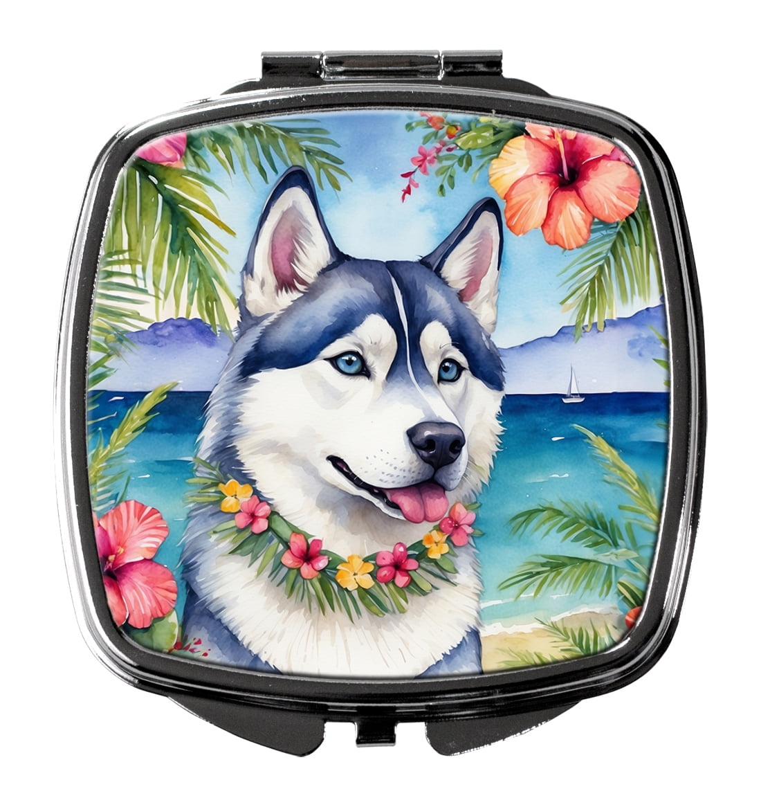 Siberian Husky Luau Compact Mirror 2.75 in x 3 in