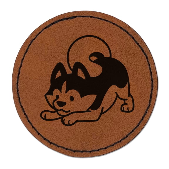 Siberian Husky Play Bow Dog 2.5" Faux Leather Round Engraved Iron-On Patch - Brown