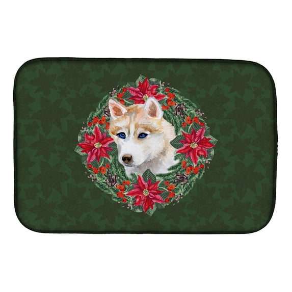 Siberian Husky Poinsetta Wreath Dish Drying Mat