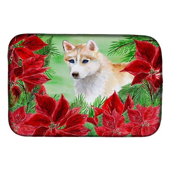 Siberian Husky Poinsettas Dish Drying Mat