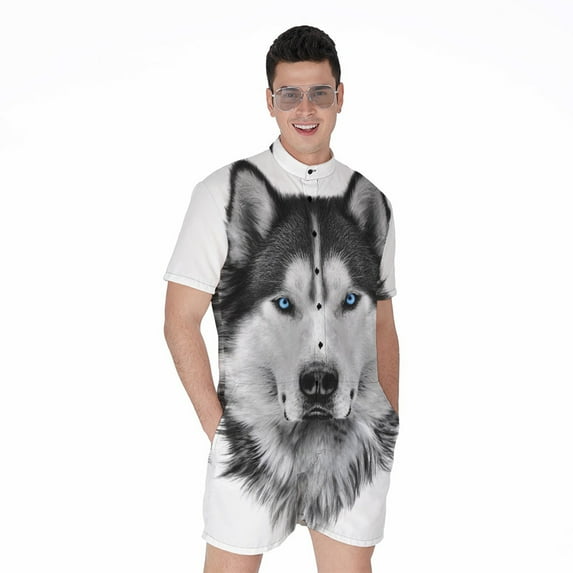 Siberian Husky Portrait Short Sleeve Men'S Rompers, Dog Pet Lover Casual Summer Jumpsuits Outfit