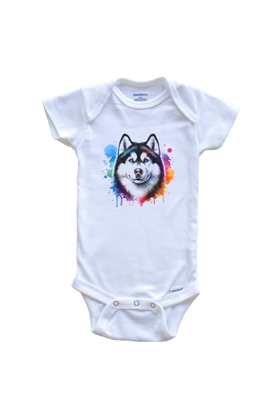 Siberian Husky Rainbow Watercolor Portrait Dog Lover Baby Bodysuit - Husky Baby Gift, 6-9 months white
