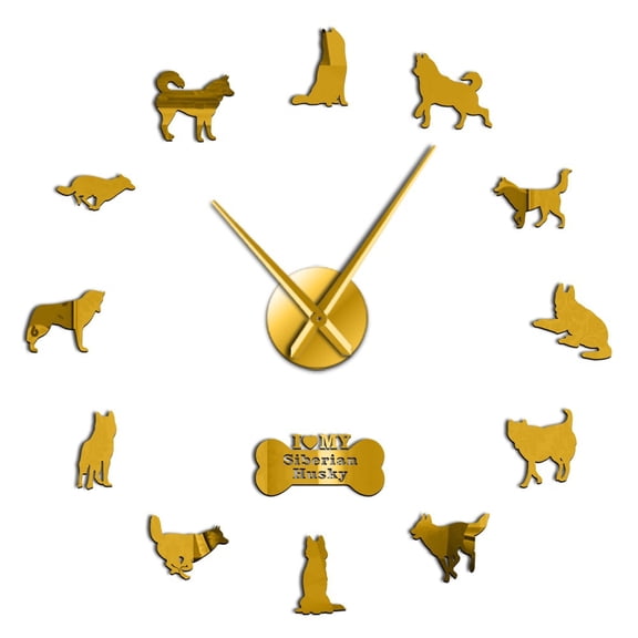Siberian Husky Russian Dog Breed DIY Large Wall Clock Self Adhesive Sticker DIY Giant Wall Art Home Decor Watch(Gold,27inch)