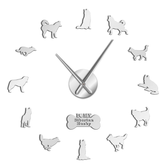 Siberian Husky Russian Dog Breed DIY Large Wall Clock Self Adhesive Sticker DIY Giant Wall Art Home Decor Watch(Silver,27inch)