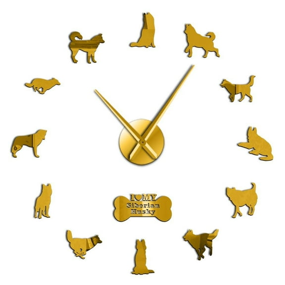 Siberian Husky Russian Dog Silhouette Frameless Wall Clock Stickers, DIY Modern Decorative Clocks for Living Room, Bedroom, Office - Easy to Install, Large 3D Clock Design (Gold,27in)