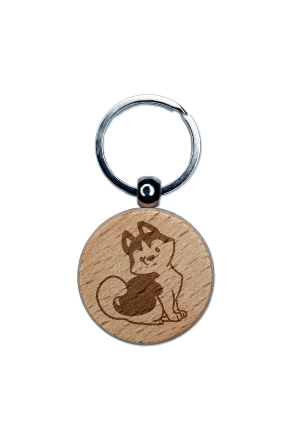 Siberian Husky Sitting Dog Round Keychain Charm Tag - Engraved Wood