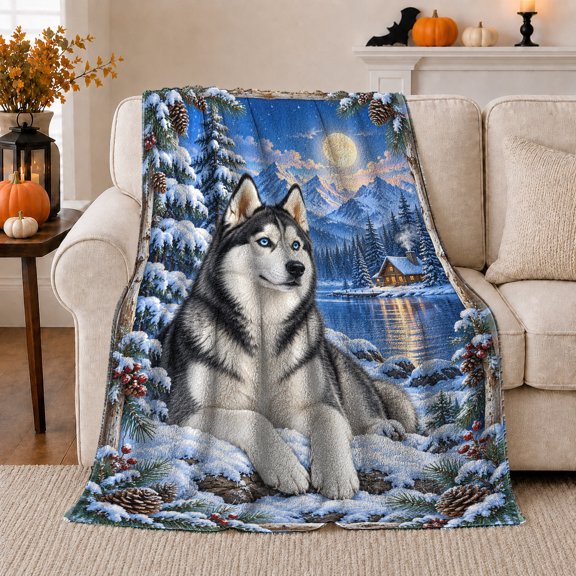 Siberian Husky Snowy Forest Winter Moon Night Cabin, Peaceful Mountain Lake Scene, Warm Flannel Blanket for Cabin and Lodge, Outdoor Lovers Friendship Gift, Artistic Home Decor