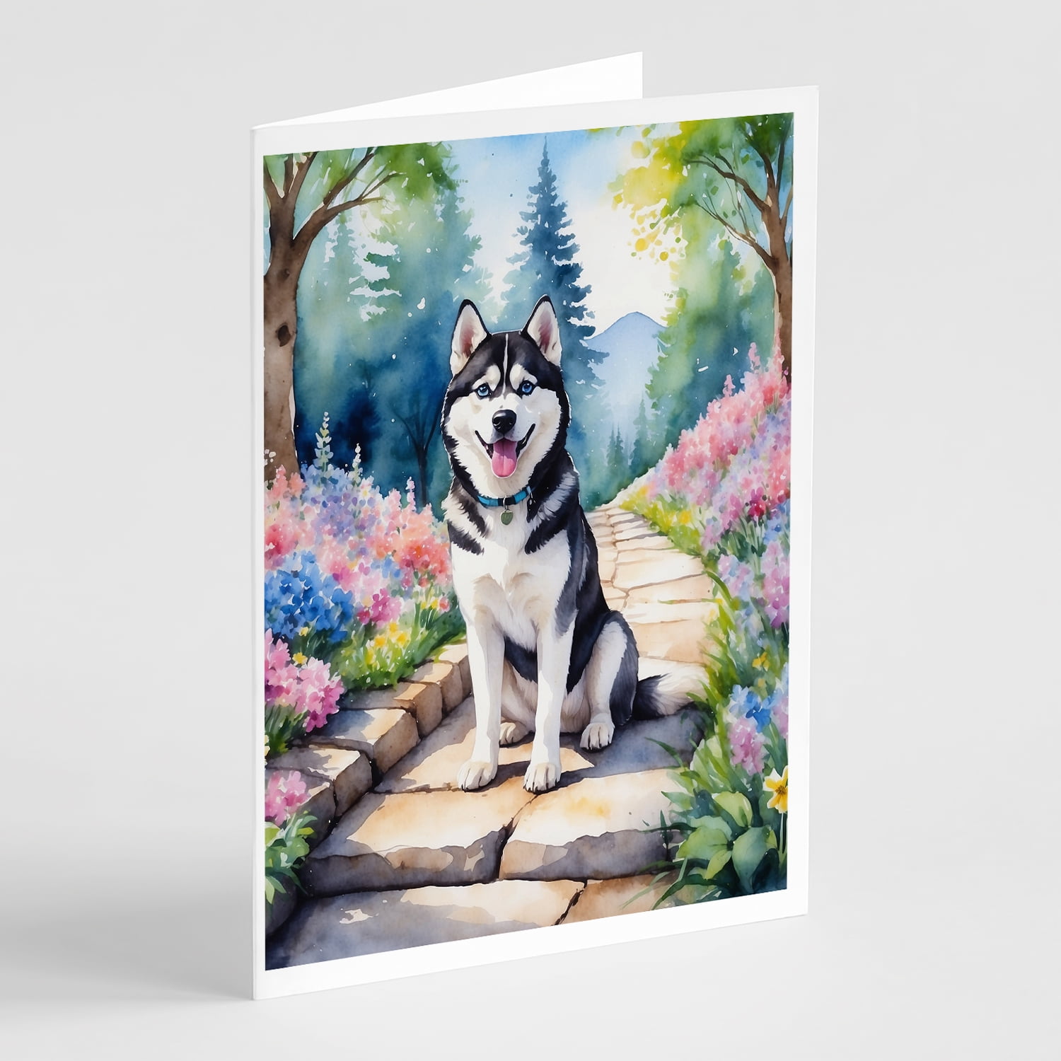 Siberian Husky Spring Path Greeting Cards Pack of 8 7 in x 5 in