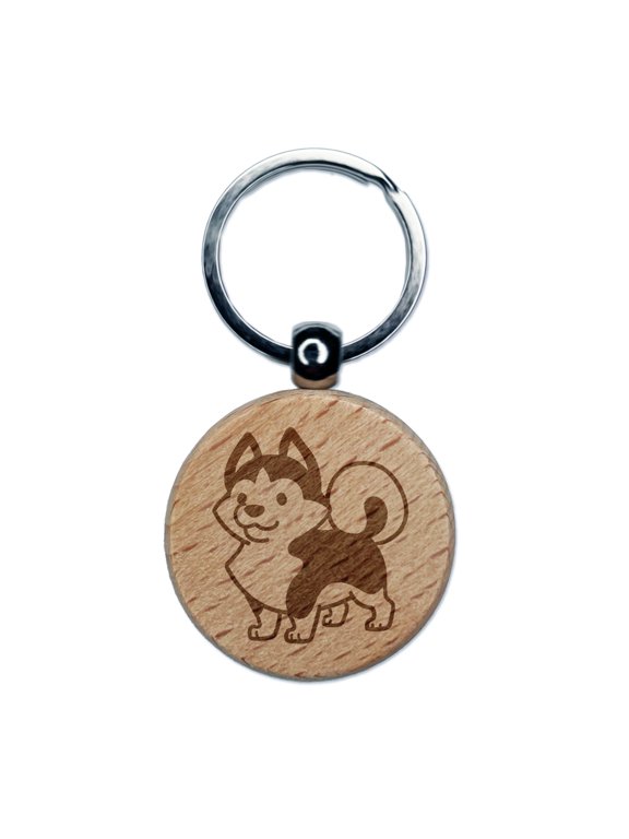 Siberian Husky Standing Dog Round Keychain Charm Tag - Engraved Wood
