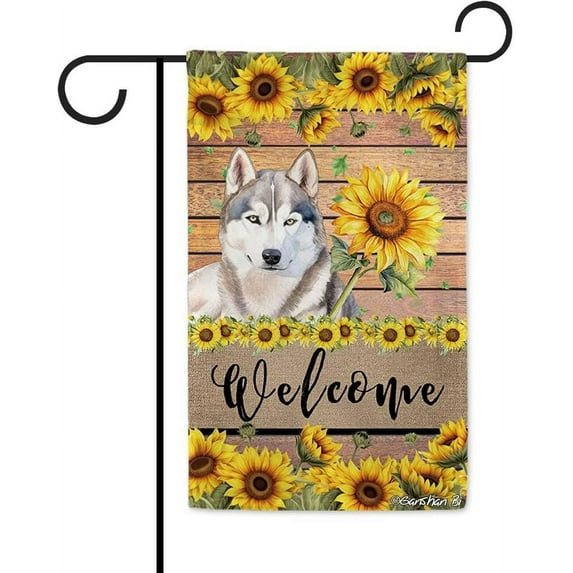 Siberian Husky Sunflower Garden Flag Watercolor Dog Welcome Spring Summer Wooden Print Flag Banner Outside Yard Decor 12.5X18 Inch Double Side