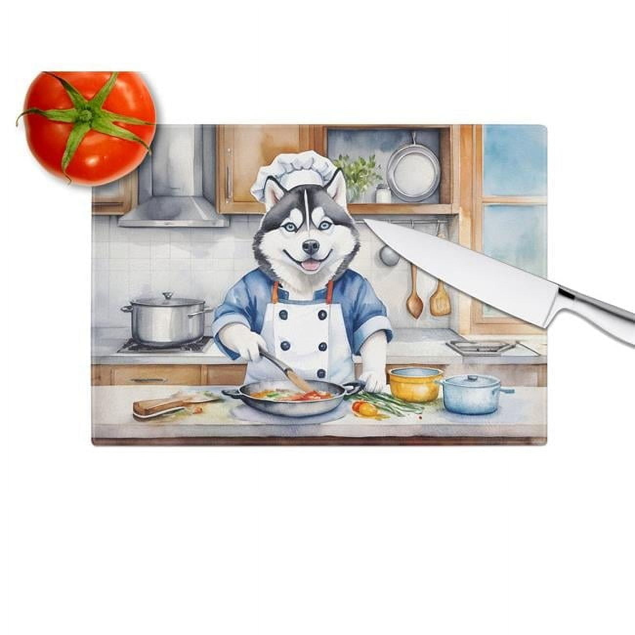 Large Tempered Glass Cutting Board with Siberian Husky Chef Artwork