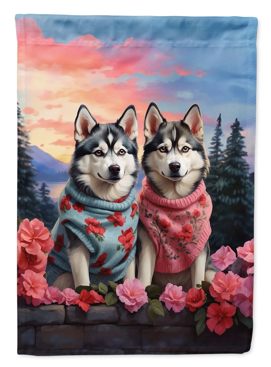 Siberian Husky Two Hearts House Flag 28 in x 40 in