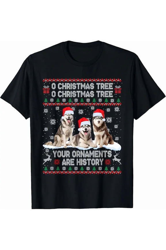 Siberian Husky Ugly Sweater Christmas Holiday Lights Cute Pajama Funny Unisex T-Shirt, up to size 5XL