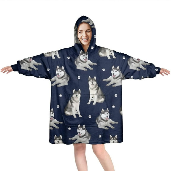 Siberian Husky Wearable Oversized Blanket,Wearable Blanket Hoodie for Adults,Cozy Hooded Blankets with Super Pockets,Super Warm Fuzzy Pullover for Women & Men