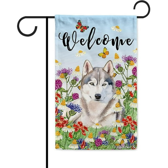 Siberian Husky Welcome Spring Summer Garden Flag for Outside Watercolor Dog Colorful Flowers Yard Flag Banner 12.5X18 Inch Double Side