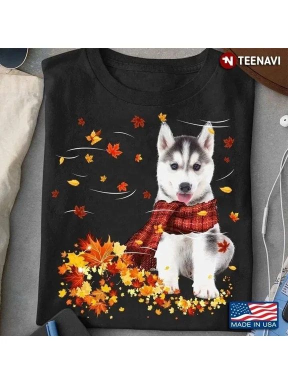 Siberian Husky With Scarf And Autumn Leaves Happy Fall Dog Shirt