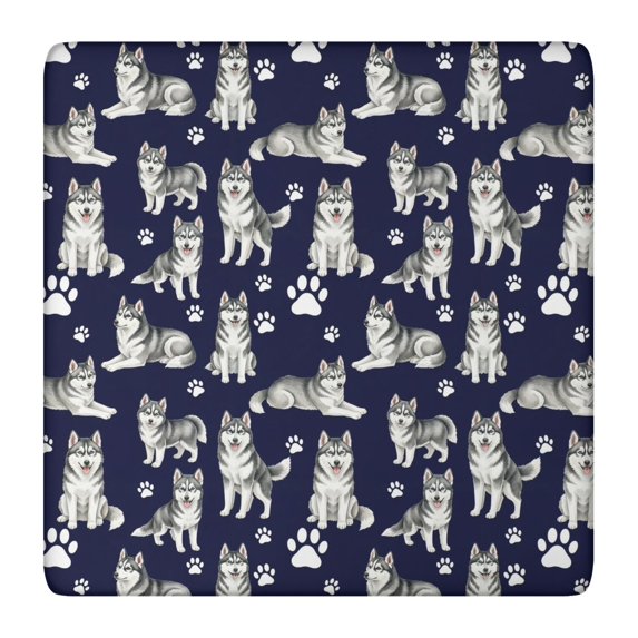 Siberian Husky and Dog Paw Print Square Fitted Tablecloth with Elastic Edge, Washable Table Cover for Home Kitchen Party and Daily Decor 36in(91cm)