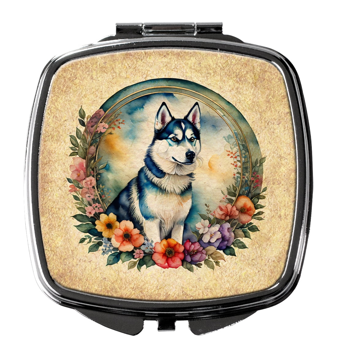 Siberian Husky and Flowers Compact Mirror 2.75 in x 3 in