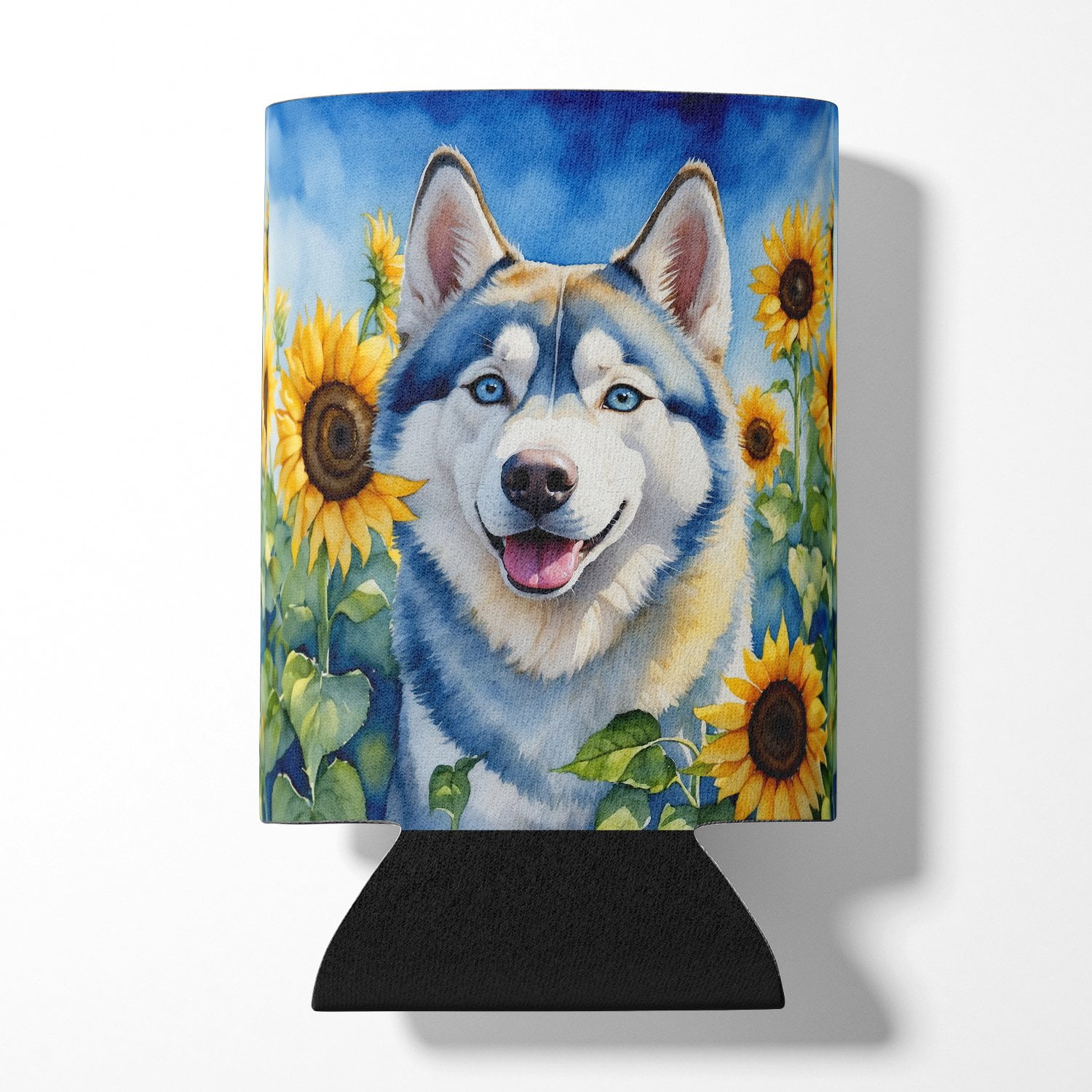Siberian Husky in Sunflowers Can or Bottle Hugger 3 in x 5 in