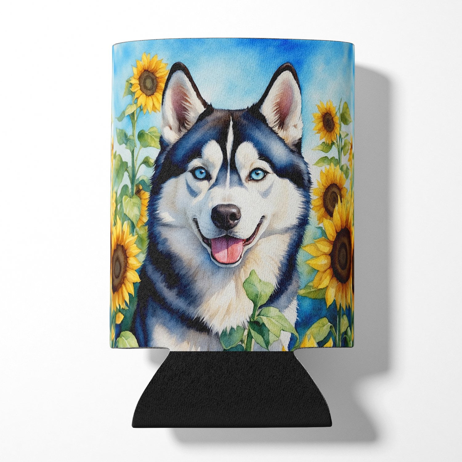 Siberian Husky in Sunflowers Can or Bottle Hugger 3 in x 5 in